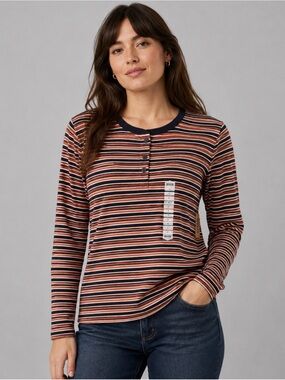 NWT DULUTH TRADING Womens XL Longtail T Long Sleeve Striped Henley Tee Shirt